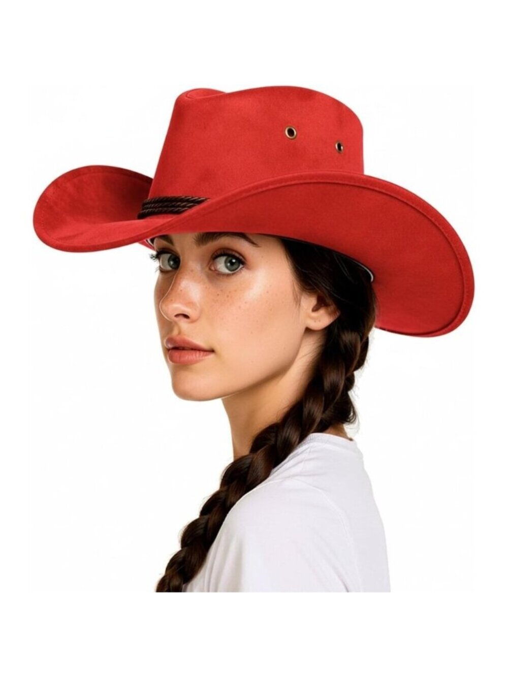 Men's Red Western Suede Wide Brim Braided Band Classic Fedora Cowboy Felt Hat